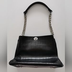 Black Silver Hardware Turn Lock Closure Chain Strap Croc Print Medium Size Bag